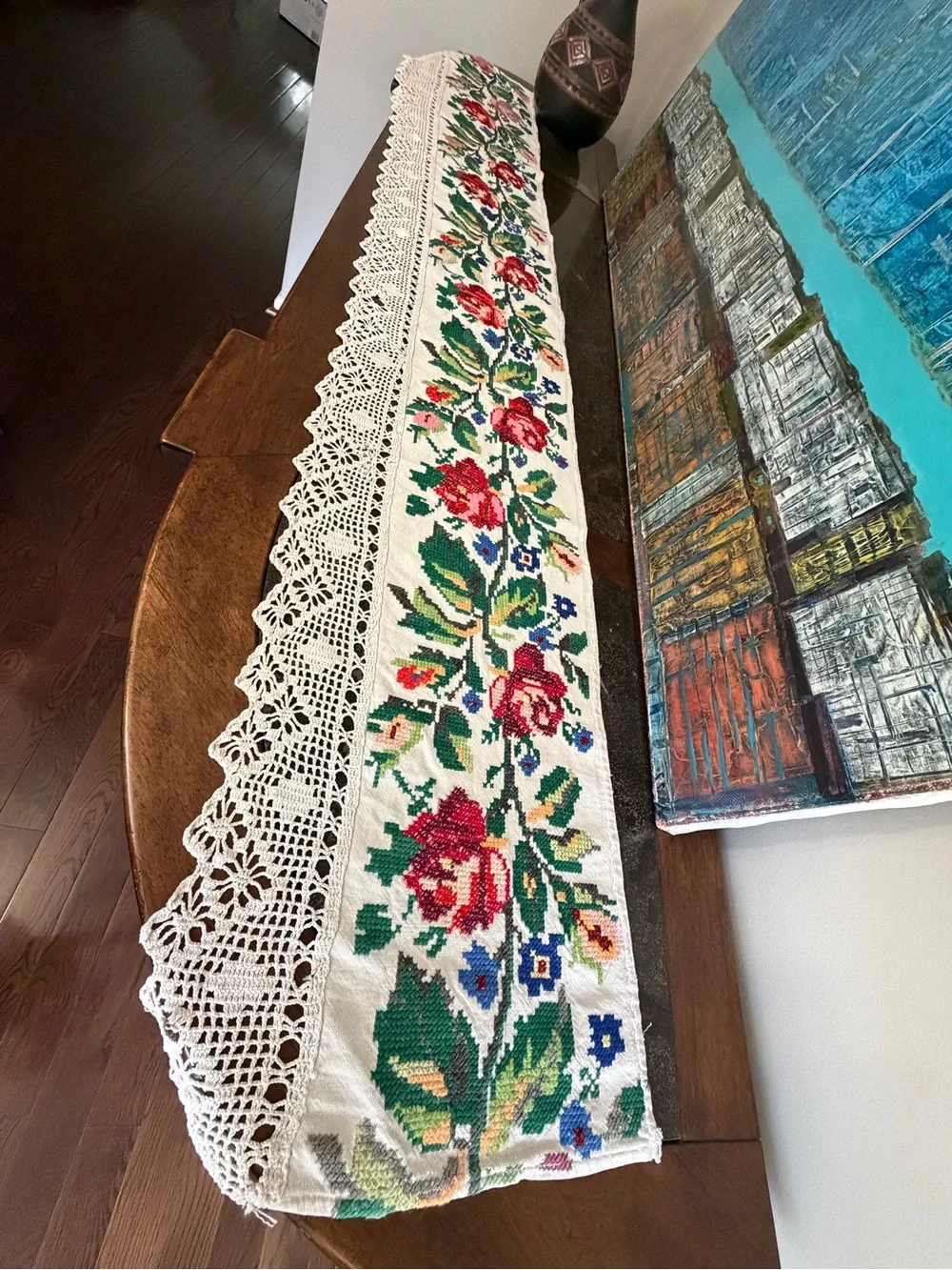 Handmade Floral Cross-Stitch Table Runner with Crochet Edging - White/Multicolor